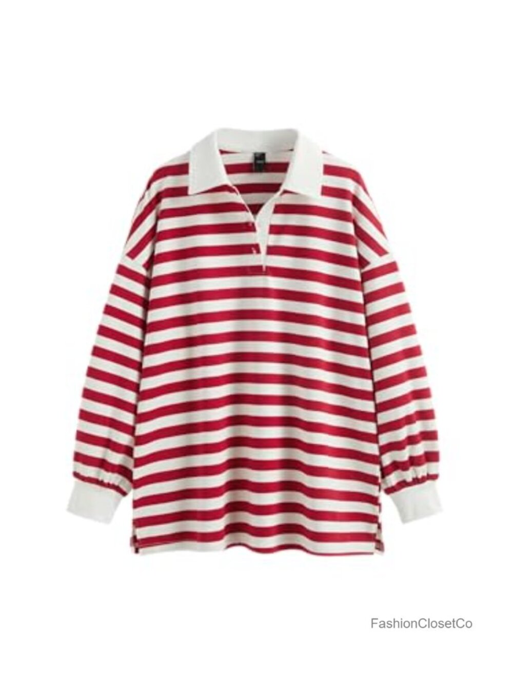 Striped Polo Sweatshirt Long Sleeve Crew Neck Cotton Blend Pullover